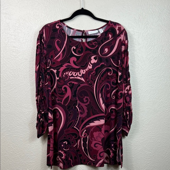 Susan Graver Tops - Susan Graver Pink Paisley Ruched 3/4 Sleeve Top 2X